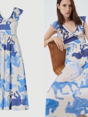 Marcella Carol horse sundress from Neiman Marcus size 14 blue tan white cotton